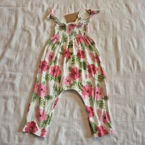 Angel Dear girls 12-18 months pink and green sleeveless jumpsuit frog flower NWT